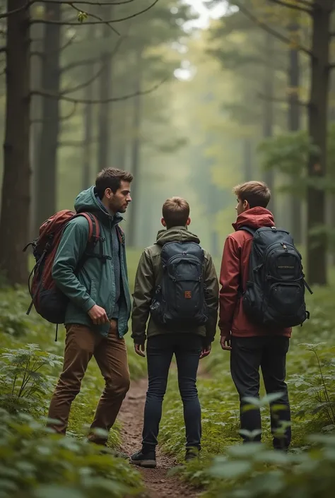 Create 3 young people (age 30) in the middle of a forest.  And one of them has a compass. Create 3 young people (age 30) in the middle of a forest.  And one of them has a compass. Create 3 young people (age 30) in the middle of a forest.  And one of them h...