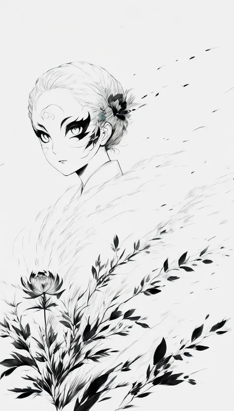 (Anime line drawing:1.5)，(black and white painting:1.45)，Minimalism，(line art:1.6)，sketch，Charcoal drawing，mask，flower