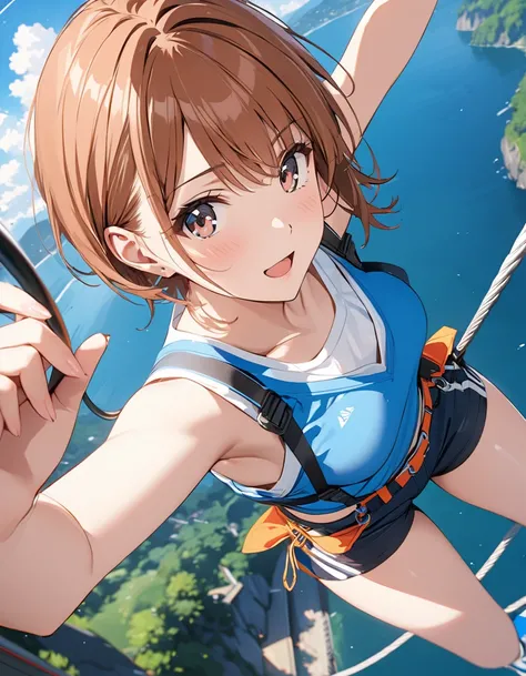 Bungee jumping, rapid descent, ( Japanese anime style ),  cute, (Misaka Mikoto), masterpiece:1.5, masterpiece, highest quality, UHD, retina, masterpiece, accurate anatomy, super detailed, high quality, best quality, 8k