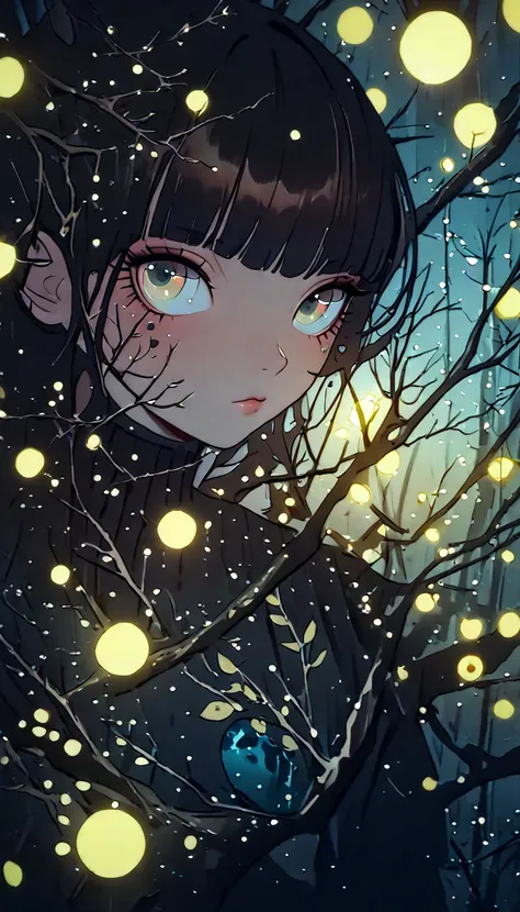 Kuvshinov among branches and fireflies, Sandusha, Fantasy Art, (((Surrealism))), (Style - Glass)