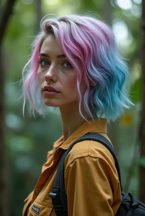 Full body picture of a beautiful croatian woman with asymmetrical gradient blue and pink hair and green eyes, wearing safari outfit, in the Madagascar forest feeding gray mouse lemur on the tree , epic character composition, sharp focus, natural lighting, ...