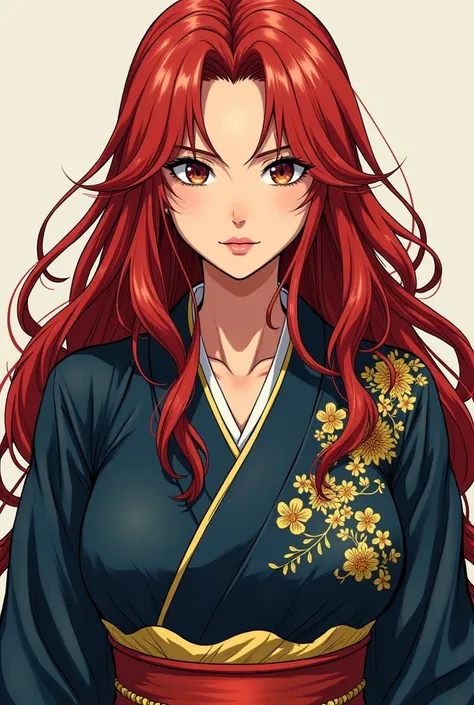 Female manga character , middle-aged,  with long red hair , De Olhar Forte , And confident expression,  wearing a dark blue kimono with gold details on the fabric 