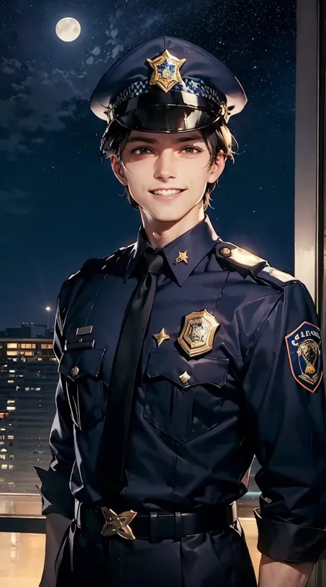 police_cap,police_costume,slacks,night,police_station,night,metropolice,grin,perfect_quality,perfect_anatomy,perfect_body,moonlight,stary_sky,starlight,short hair,black hair,good anatomy,best quality,masterpiece,beautiful,cute face