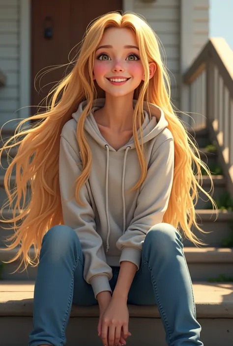 Girl teenager  long blonde hair hoodie jeans sitting on stairs in front of a house Smiling 