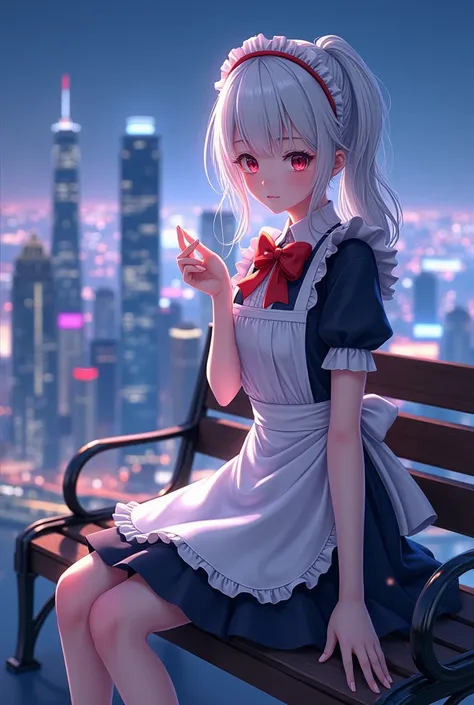  anime girl in maid clothes sitting on a bench with the city in the background,   Best Anime 4k Conachan Wallpaper  ,  Details.   girls frontline , Rorish, from   girls frontline , From the Azur Lane game, Nightcore,  Azur Lane Style ,  A cute anime wife i...