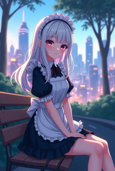  anime girl in maid clothes sitting on a bench with the city in the background,   Best Anime 4k Conachan Wallpaper  ,  Details.   girls frontline , Rorish, from   girls frontline , From the Azur Lane game, Nightcore,  Azur Lane Style ,  A cute anime wife i...