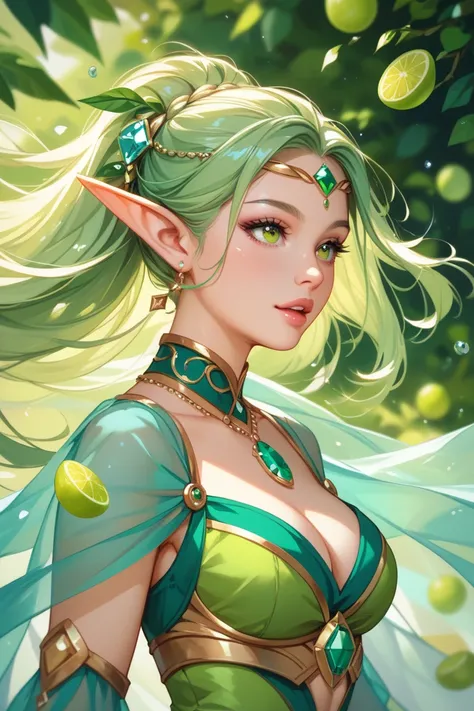 Wind Spirit、Jade Gemstones、Elf Ears、 beautiful lime green costume、Good looking、 high image quality、emerald drop on forehead 