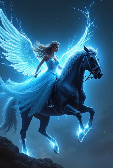 Night view  princess electric dress with lighting wings like electric and she is lifting a power full electric weapon and she is sitting flying black horse 