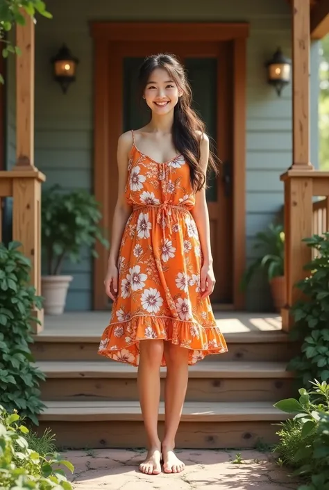 Photorealistic, young American woman, long brunette hair tied in a loose ponytail, wearing floral sundress, barefoot, smiling brightly, standing on front porch of a house, viewed from the front