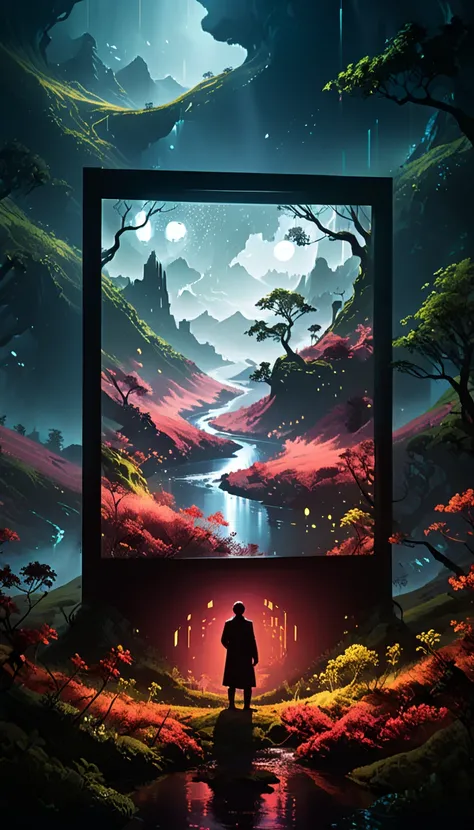 (artist by Olly Moss:1.1), (Mysterious Landscape:2.2), suspenseful, Fantasy, Dark, shadowy, atmospheric, dark colors, (A magical screen showing the future technology model:2.0), （future technology：2.2）（red, dark red color palette:1.8）