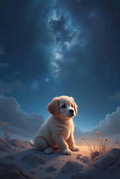 A puppy standing in a cosmic landscape, celestial hues, starry night sky, velvet darkness, innocent gaze, dreamlike worlds, 8k, hyperrealistic, intricate details, cinematic lighting, dramatic composition, fantasy art, digital painting, muted color palette,...