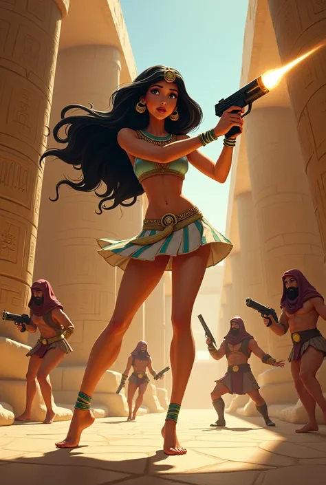 Disney jasmine in an Egyptian miniskirt barefoot holding a blaster and shooting lasers at Arab bandits in a temple 



