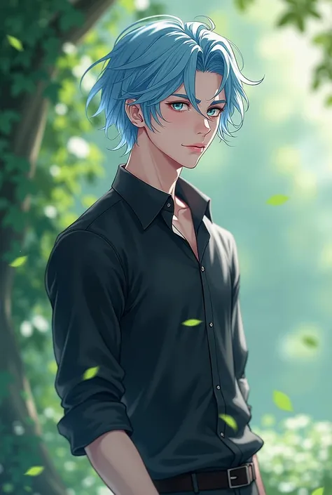 High definition,  romance fantasy , Web novel, Handsome, Light blue hair and eyes , Wearing a black shirt and black pants, Refreshing, wind