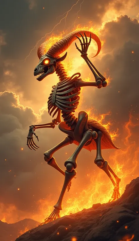 A mythical creature based on the Aries zodiac sign, designed as a skeletal figure with glowing, fiery eyes and ram-like horns emerging from its skull. The skeleton is covered in ancient armor, with flame-like energy emanating from its joints and spine. The...