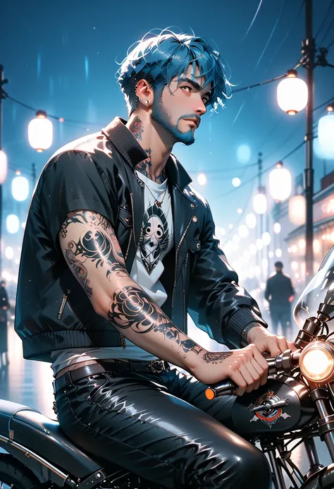 a man with blue hair and a beard ((biker))((sitting on a motorcycle)) with a bare torso ((black pants)) ((tattoo of lights all over his body))