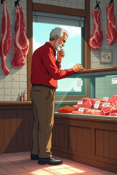 Create a hand-drawn Ghibli-style anime image with full resolution 8k cinematic quality, depicting Luiz Inácio Lula da Silva, the former president of Brazil, inside a traditional butcher shop. Lula is dressed in his characteristic red shirt, brown pants, an...