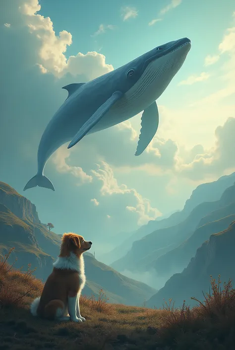 a whale swimming in a cloudy sky, a puppy watching, fantasy landscape, dreamlike, soft focus, cinematic lighting, highly detailed, photorealistic, vibrant colors, muted tones, ethereal, whimsical, magical realism