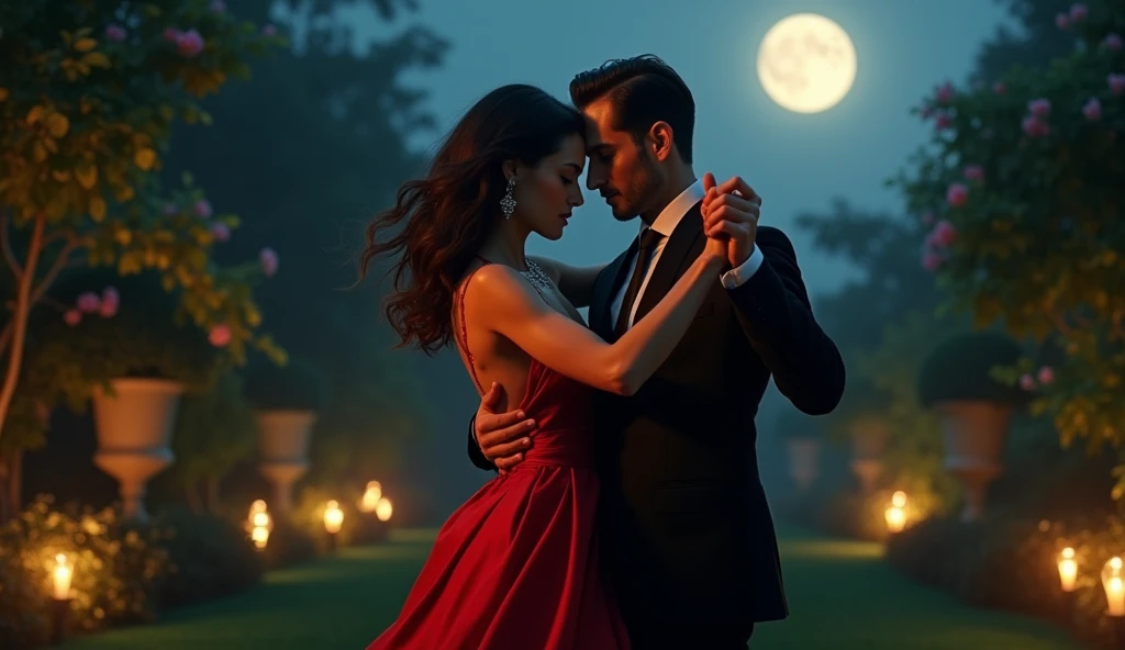  bust shot、A pair of men and women passionately dancing tango in the garden at night、The woman is wearing a red mini dress、Men in suits、 full moon in the sky、 real