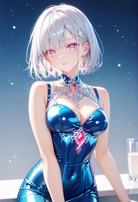 intricate details, delicate features,1girl, Alone,silver hair, red glowing eyes, bob cut sharp facial features, breasts,porcelain skin,breasts,1girl, solo,cut glass,Aurora color dress