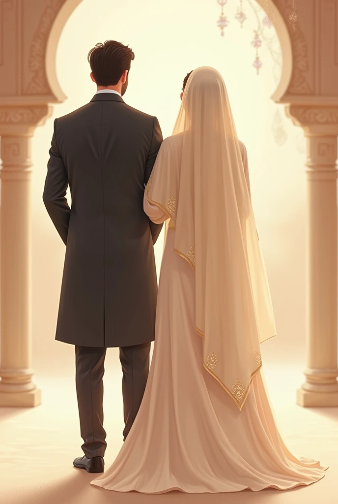 Pakistani walima bride wearing nude shade maxi duppatta on head & groom wearing pent coat illustration from back side no front side no face showing full back 