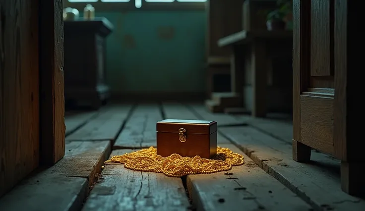 On the already fragile wooden floor ,  a board suddenly opens by itself,  exposes a small chest of gold jewelry , atmosphere inside a worn-out wooden house with soft dim light, realistic, Photography, scene design,  Indonesian style 