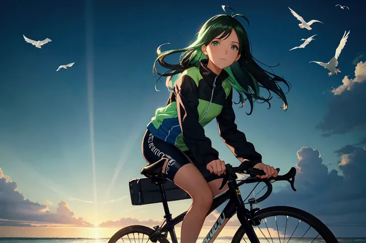 (a photo of portrait of a girl ride on bicycle, by the sea, flying seagull):1.33, (detailed green eyes, jet-black hair,colored inner green ombre hair multicolored hair,antenna hair):1.21, 
in indigo cycling clothes, helmet, and sneakers,
SIGMA 24 mm F/1.4,...