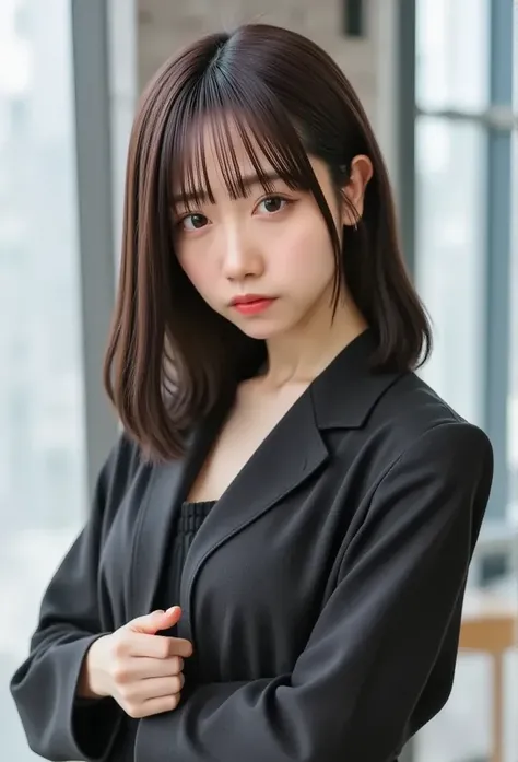 top quality, masterpiece,  1 girl,  beautiful face, ( photorealistic pictures :1.3),  rim lighting , ( High Detail Skin :1.2), 8K UHD,  dslr,  High Quality ,   high definition , 4K, 8k, Bokeh, (Genuine: 1.3), Small face,  cute girl,   Black Formal Blazer ,...