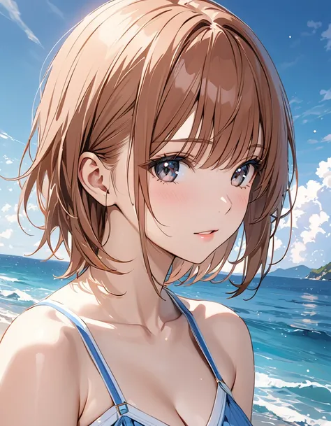 ( Japanese anime style ),  cute, sea, (Misaka Mikoto), masterpiece:1.5, masterpiece, highest quality, UHD, retina, masterpiece, accurate anatomy, super detailed, high quality, best quality, 8k