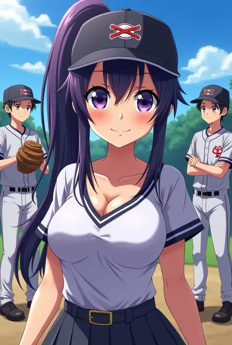 Japanese animation style、High school girl、Baseball players、 Baseball Cap 、Dark Purple Long Hair、single ponytail、 purple pupils、 full breasts 、From Taiwan