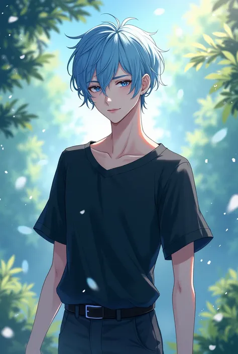 High definition,  romance fantasy , Web novel, 20 year old handsome, Light blue hair and eyes , Wearing a black shirt and black pants, Refreshing, wind