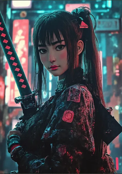 A highly detailed, ultra-realistic cyberpunk female warrior inspired by late 90s anime aesthetics. The character has an intense and calm demeanor, standing powerfully in a futuristic neon-lit cityscape at night. She holds a katana in one hand, the blade re...