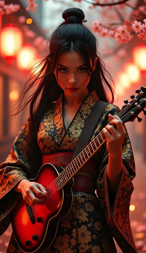 A fierce and confident Japanese woman, wearing an exquisite, luxurious kimono with intricate gold, red, and black patterns, stares directly at the viewer with sharp, intense eyes, full of power and determination. She holds a traditional Japanese shamisen f...