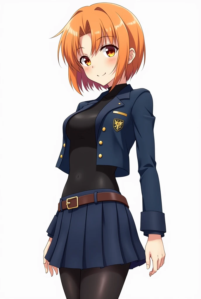 a beautiful woman, short light orange hair down to her jaw which is styled with bangs that cover the right side of her forehead, orange eyes, long orange eyelashes and thin orange eyebrows, wears a school uniform consisting of a dark blue button down jacke...