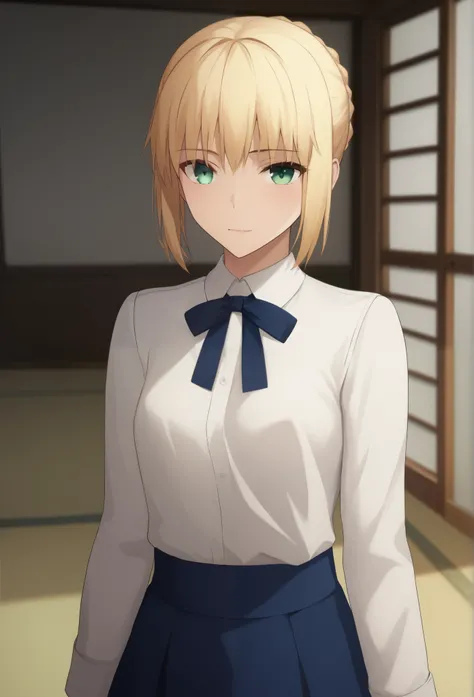  1 girl, Alone, Saber FS , Blonde,  green eyes,  short hair,  French braid ,  , Saber Casual,  white shirt,  neck ribbon,  Long Sleeve ,  high waisted skirt ,  blue skirt,  small breasts,  Beautiful breasts ,  front、A room with Japanese tatami、 red cheeks ...