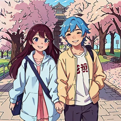  are a college student couple smiling gently and 、 creating a caring atmosphere 。 drawn in anime style they 、 holding hands under a cherry blossom tree on campus。 brightly colored flowers in the background 々and the blue sky is spreading out 。

