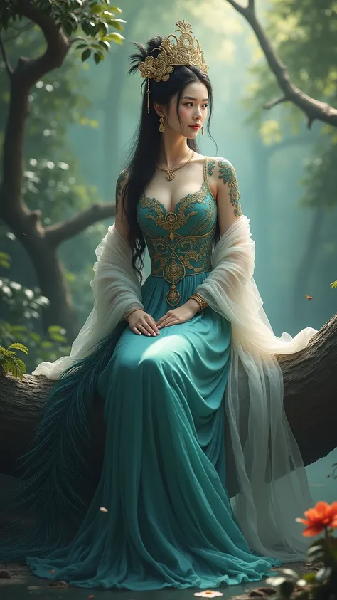 Reality，illustration，fantasy， Chinese ancient myth ， mythical beast，beauty， Peacock goddess ，Exposure，  Textured Skin  ,  wearing a national costume ，  peacock design， sitting in a forest ， watching people ， wallpaper，, 