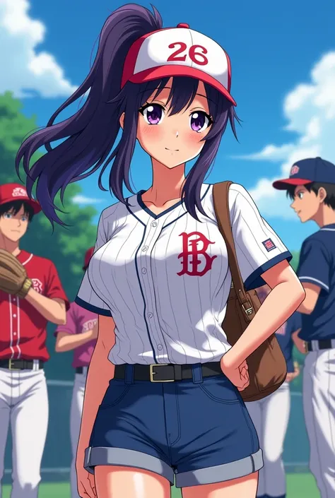 Japanese animation style、High school girl、Baseball players、 Baseball Cap 、Dark Purple Long Hair、single ponytail、 purple pupils、 full breasts 、From Taiwan