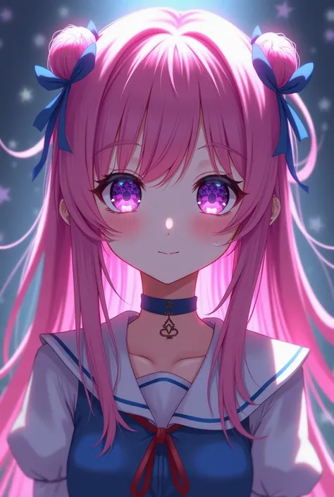  anime girl image,  with pink hair with purple tufts up to the shoulder, purple eyes and pink derivative ,  pupils in the shape of six-pointed stars , estilo Oshi no ko