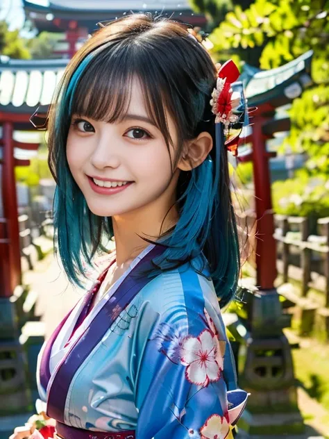 A cute girl with a cute appearance, clear,  (  blue hair),   long hair,   flower hair ornament  ,  beautiful skin, (Long-sleeved kimono),    chest :1.3,  Spread your fingers, Shrine torii gate background  , smile,  New Year, 