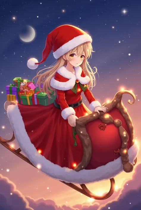 Santa Girl soaring through the starry night sky, her sled aglow with festive lights as she sits amidst a sea of gifts. Her traditional red suit shines with white fur trim, topped with a crimson hat and a majestic white beard. Amidst the twinkling stars and...