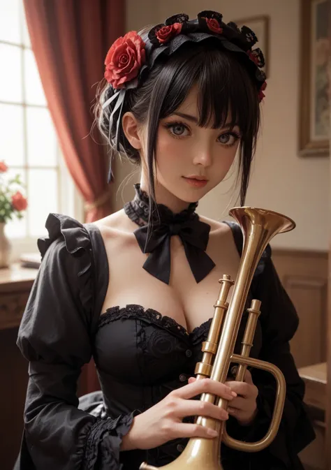  female trumpet player in gothic lolita costume 、 trumpeter like a cute idol、ゴスロリ風の衣装で、In the studio、 perfect lighting 