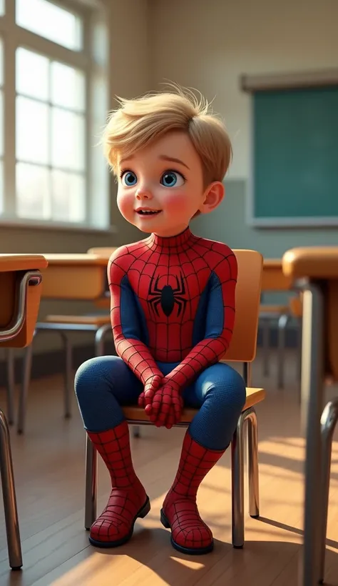 (photorealism: 1.2),  a little   wearing a spiderman costume. sitting on a bench in a class .  expression is like talking to someone .  The background is in a classroom a school .  Lighting like sunny and cool weather . draw a picture of a large room ,  so...