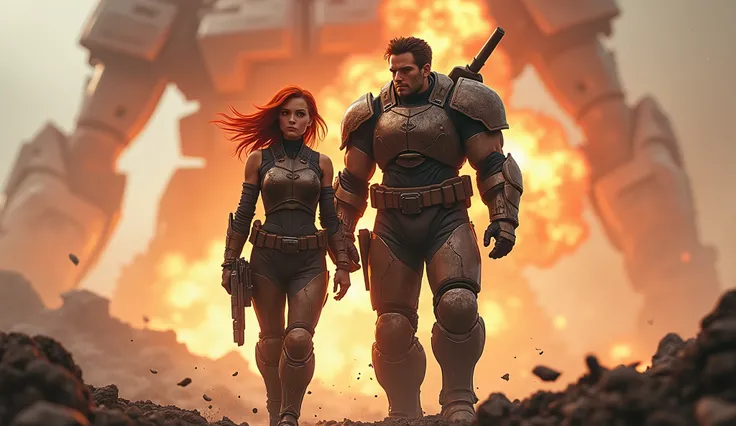 "A fierce and determined woman with battle-worn armor and fiery red hair, standing confidently on a smoky futuristic battlefield, beside her a charismatic male soldier with a mischievous grin, both illuminated by the glow of a massive exploding mech in the...