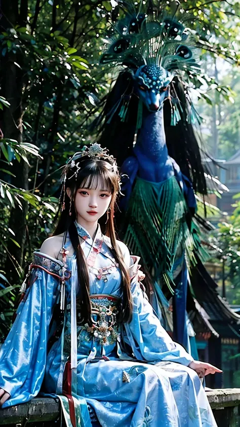 Reality，illustration，fantasy， Chinese ancient myth ， mythical beast，beauty， Peacock goddess ，Exposure，  Textured Skin  ,  wearing a national costume ，  peacock design， sitting in a forest ， watching people ， wallpaper，, 