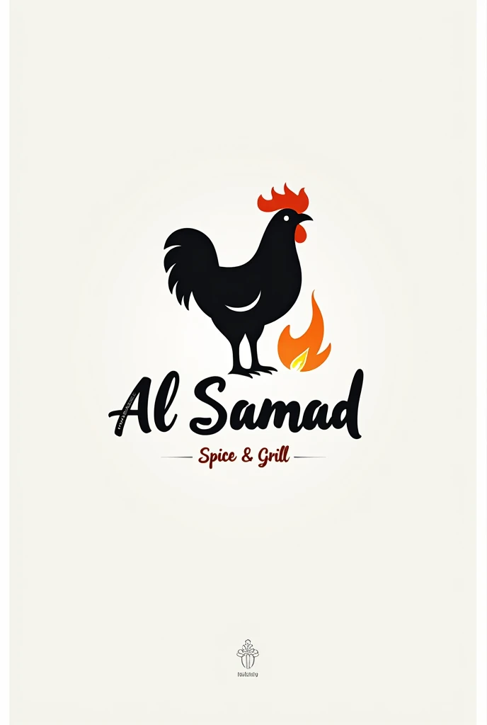 a modern  logo for restaurant called " AL SAMAD " there is a chicken with fire  logo with text
bellow is slogan in hand written script style " Spice & Grill " modern sleek logo with conceptual idea and black and white color only