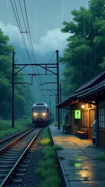 Create a serene and atmospheric scene of a rural Japanese train station on a rainy day, set in a detailed pixel art style. The station is surrounded by lush green forest, with large trees in the background, their leaves glistening with raindrops. The sky i...