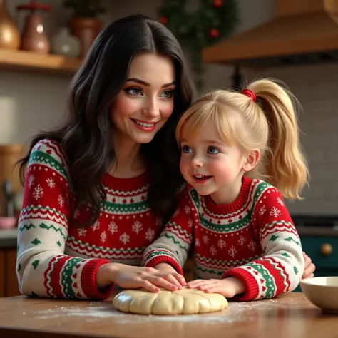  Create a hyperrealistic image , en 8K, perfect texture, a family of  ,  of a mother and daughter ,  they are smiling kneading cookies
Traits of the woman :  Dua Lipa song .
Scenery:  in a Christmas kitchen
Pose :  both of them on a kitchen counter making ...