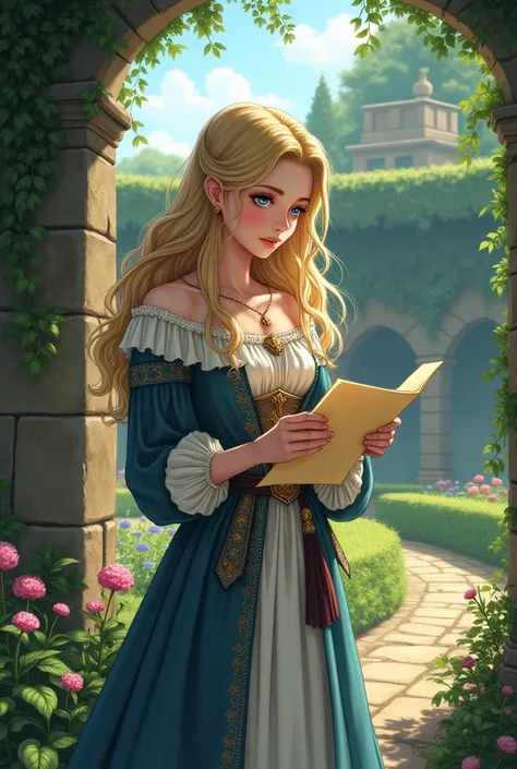  ,  blond hair,  Blue Eyes, medieval garden,  old paper in her hand, Princess, 2D, Anime medieval,  sad expression , noble clothes