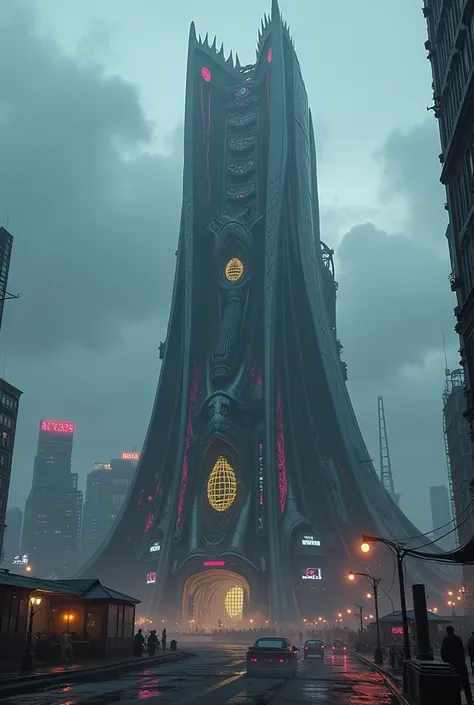 Create a futuristic building like dragon style in darkness 