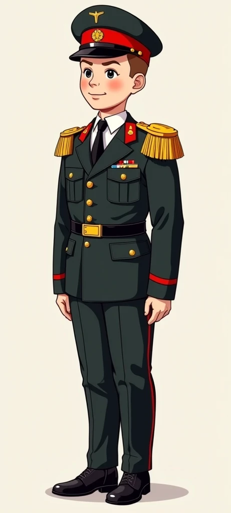 Cartoon Suvorov cadet from the Belarusian cadet school in full growth. Black dress uniform, white shirt, red shoulder straps with the letters SVU, black shoes, black tie, yellow aiguillette on the tunic, black trousers up to the shoes, age 8-s